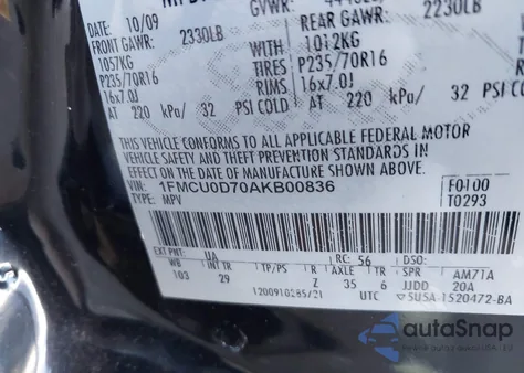 2010 Ford Escape Xlt from USA, damaged, VIN 1FMCU0D70AKB00836